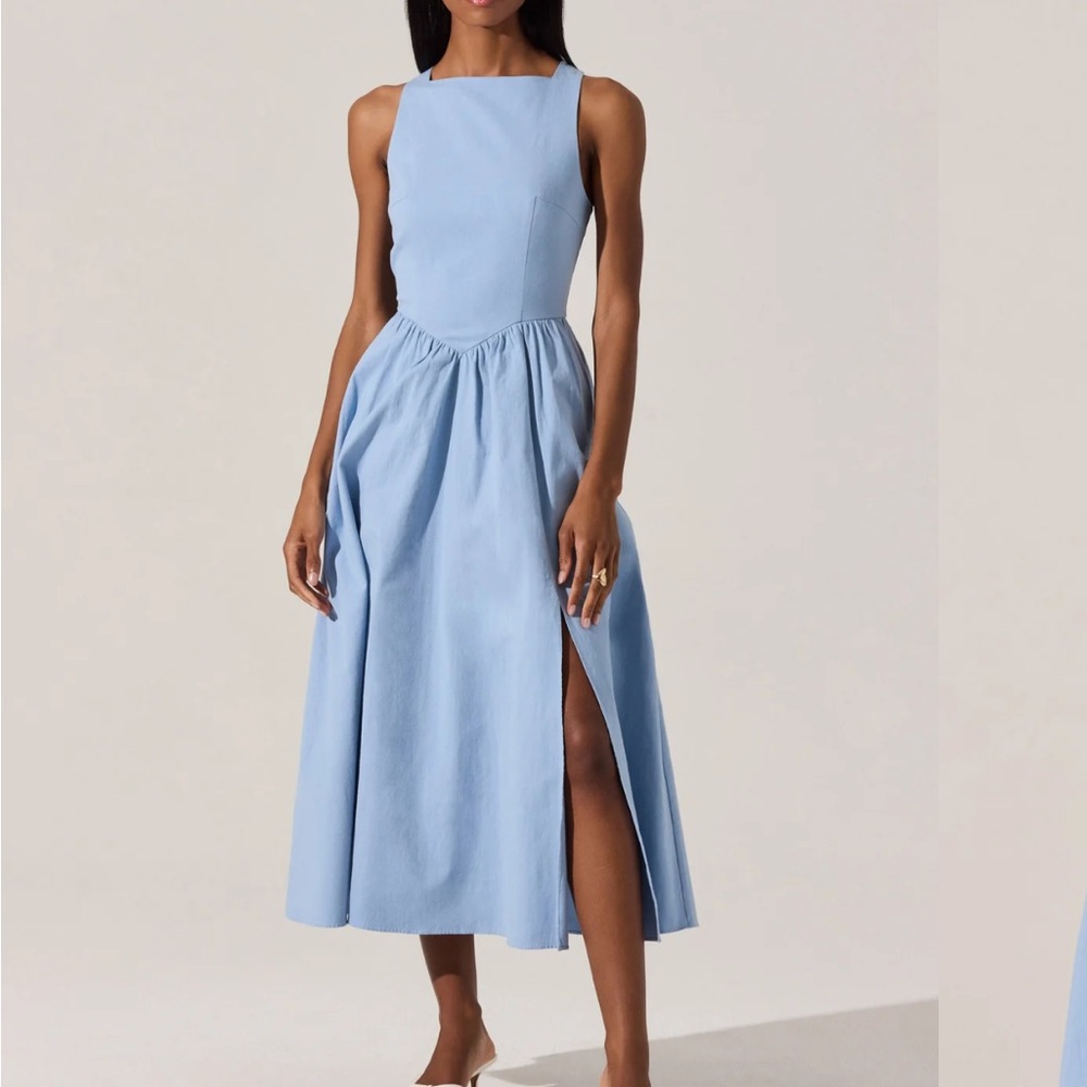 Astr Blue Bow Back Midi Dress with Slit